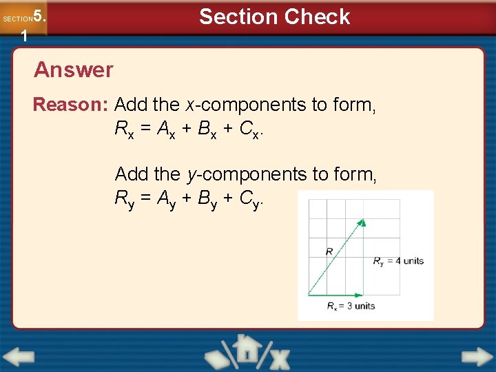 5. SECTION 1 Section Check Answer Reason: Add the x-components to form, Rx =