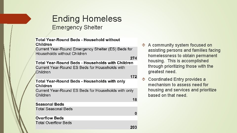 Ending Homeless Emergency Shelter What our homeless population looks like: HIC- Emergency Shelters A