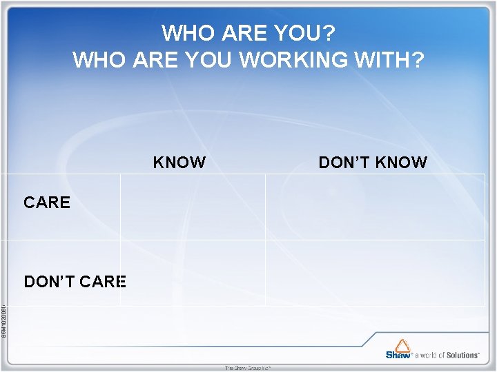 WHO ARE YOU? WHO ARE YOU WORKING WITH? KNOW CARE 85 M 102006 D