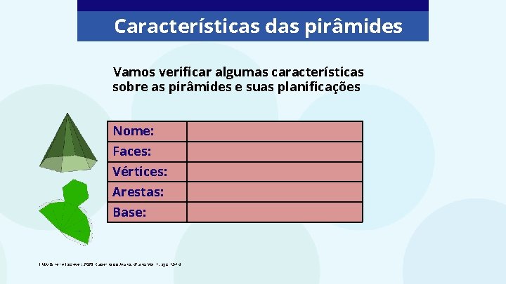 Características das pirâmides Vamos verificar algumas características sobre as pirâmides e suas planificações Nome: