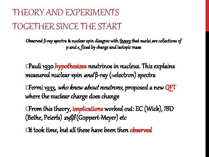 THEORY AND EXPERIMENTS TOGETHER SINCE THE START Observed β-ray spectra & nuclear spin disagree