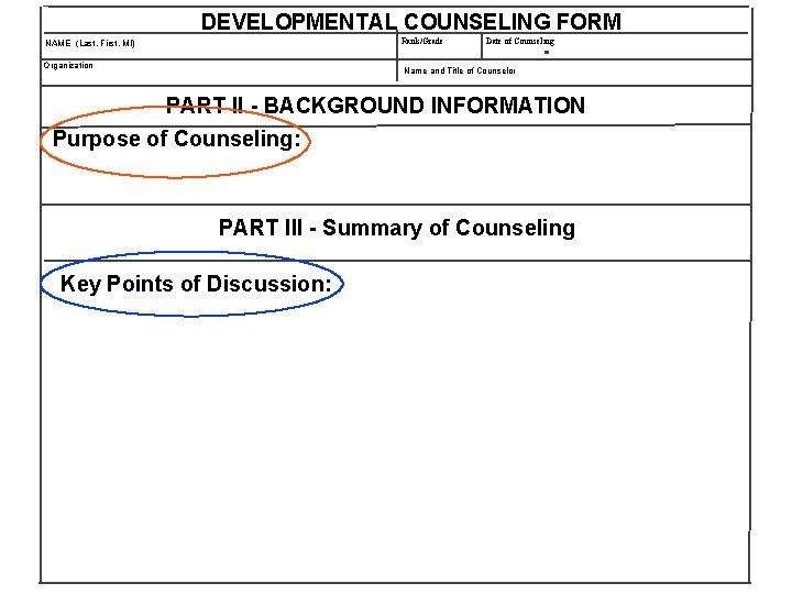 DEVELOPMENTAL COUNSELING FORM Rank/Grade NAME (Last, First, MI) Organization Date of Counseling Name and