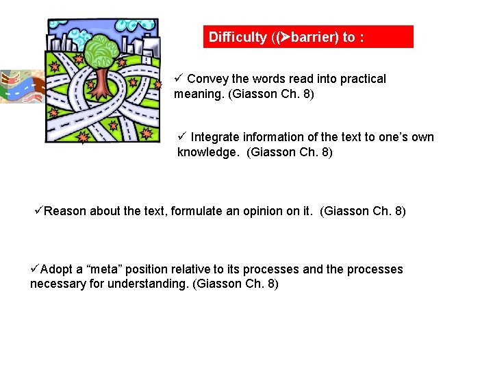 Difficulty (( barrier) to : ü Convey the words read into practical meaning. (Giasson