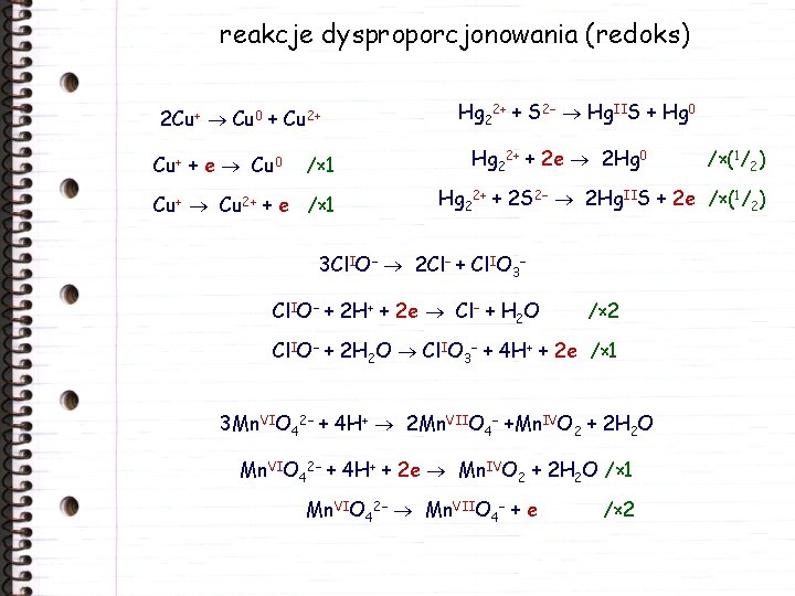 reakcje dysproporcjonowania (redoks) 2 Cu+ Cu 0 + Cu 2+ Cu+ + e Cu