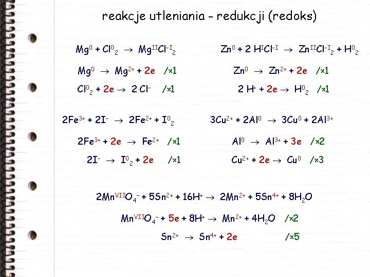 reakcje utleniania - redukcji (redoks) Mg 0 + Cl 02 Mg. IICl–I 2 Mg