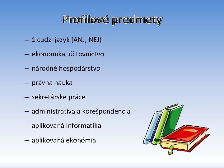 Profilové predmety – 1 cudzí jazyk (ANJ, NEJ) – ekonomika, účtovníctvo – národné hospodárstvo