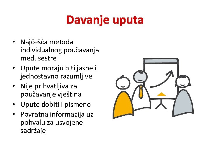 Davanje uputa • Najčešća metoda individualnog poučavanja med. sestre • Upute moraju biti jasne