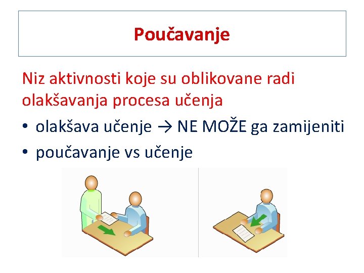 Poučavanje Niz aktivnosti koje su oblikovane radi olakšavanja procesa učenja • olakšava učenje →