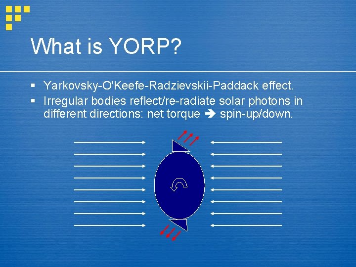 What is YORP? § Yarkovsky-O'Keefe-Radzievskii-Paddack effect. § Irregular bodies reflect/re-radiate solar photons in different