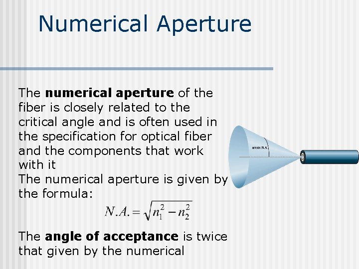 Numerical Aperture The numerical aperture of the fiber is closely related to the critical