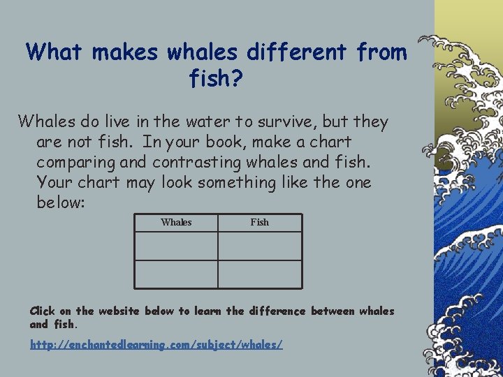 What makes whales different from fish? Whales do live in the water to survive,