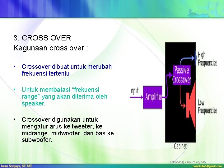 8. CROSS OVER Kegunaan cross over : • Crossover dibuat untuk merubah frekuensi tertentu