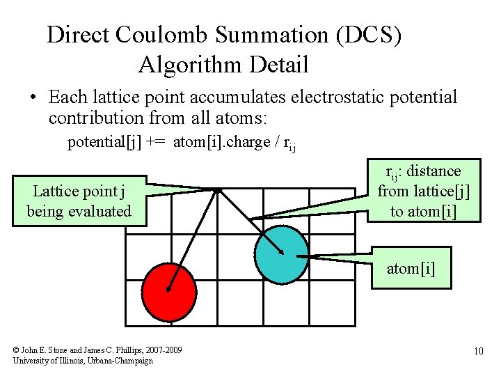 Direct Coulomb Summation (DCS) Algorithm Detail • Each lattice point accumulates electrostatic potential contribution