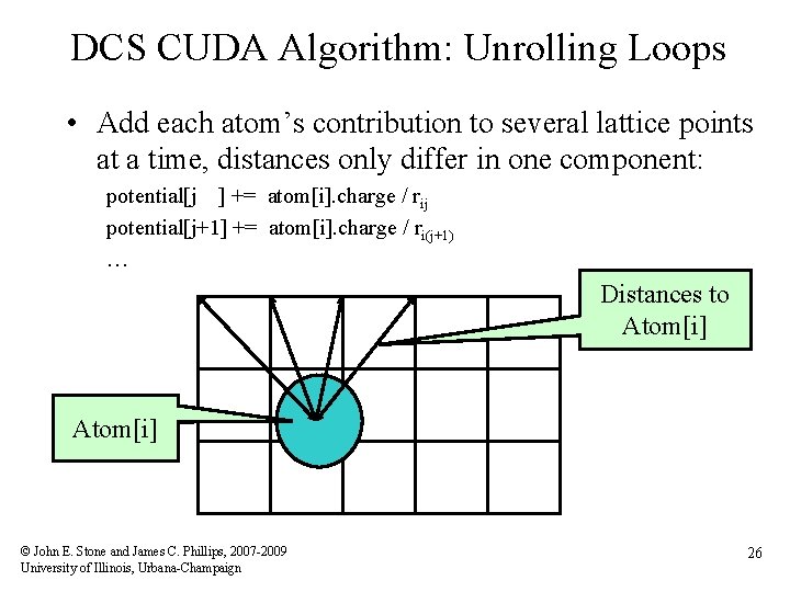 DCS CUDA Algorithm: Unrolling Loops • Add each atom’s contribution to several lattice points