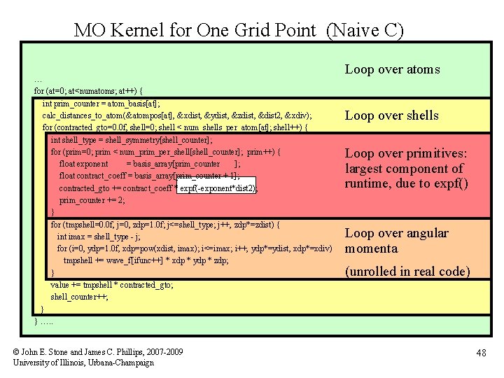 MO Kernel for One Grid Point (Naive C) … for (at=0; at<numatoms; at++) {