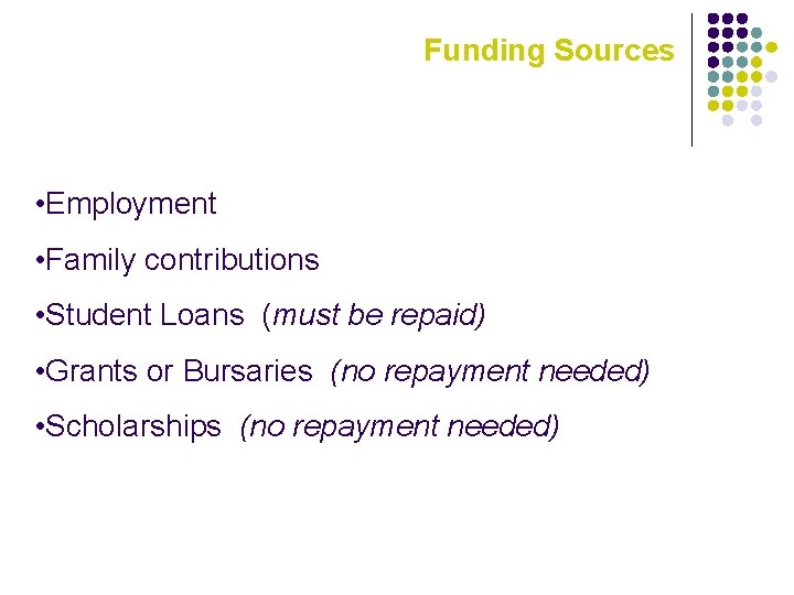 Funding Sources • Employment • Family contributions • Student Loans (must be repaid) •