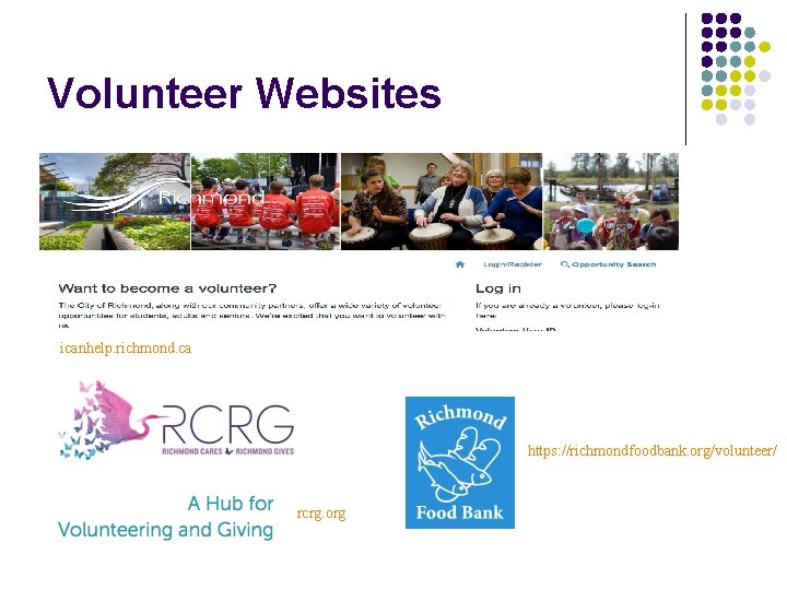 Volunteer Websites icanhelp. richmond. ca https: //richmondfoodbank. org/volunteer/ rcrg. org 