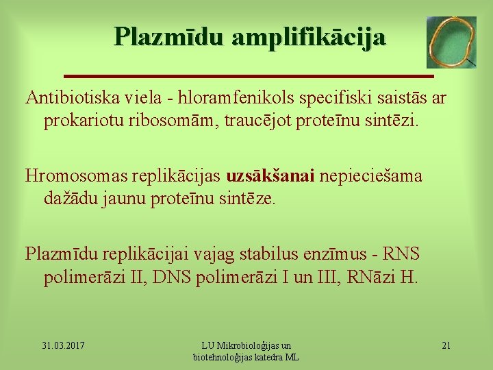 Plazmīdu amplifikācija Antibiotiska viela - hloramfenikols specifiski saistās ar prokariotu ribosomām, traucējot proteīnu sintēzi.