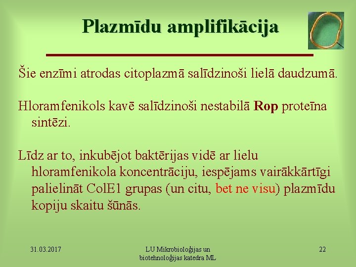 Plazmīdu amplifikācija Šie enzīmi atrodas citoplazmā salīdzinoši lielā daudzumā. Hloramfenikols kavē salīdzinoši nestabilā Rop