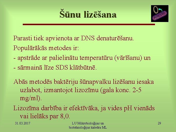 Šūnu lizēšana Parasti tiek apvienota ar DNS denaturēšanu. Populārākās metodes ir: - apstrāde ar