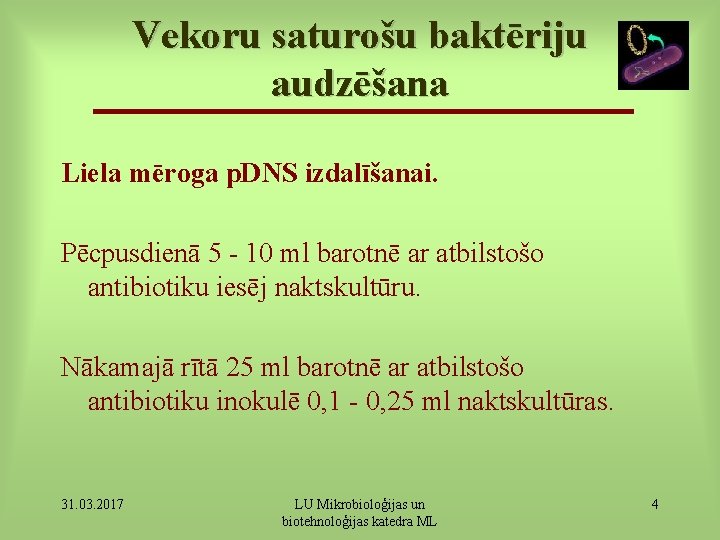 Vekoru saturošu baktēriju audzēšana Liela mēroga p. DNS izdalīšanai. Pēcpusdienā 5 - 10 ml