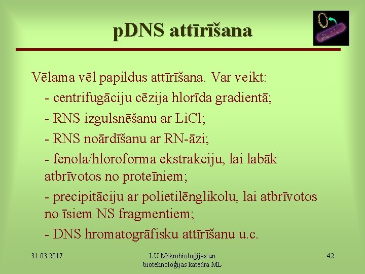 p. DNS attīrīšana Vēlama vēl papildus attīrīšana. Var veikt: - centrifugāciju cēzija hlorīda gradientā;