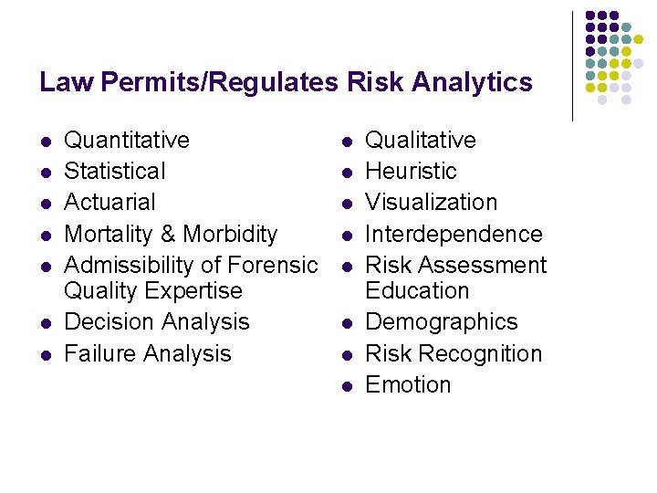 Law Permits/Regulates Risk Analytics l l l l Quantitative Statistical Actuarial Mortality & Morbidity