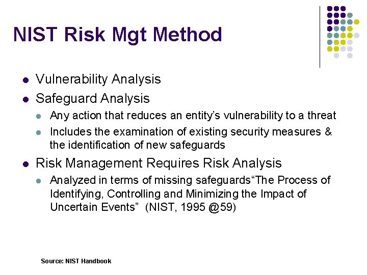 NIST Risk Mgt Method l l Vulnerability Analysis Safeguard Analysis l l l Any