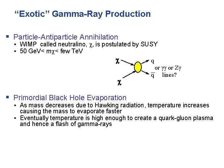 “Exotic” Gamma-Ray Production Particle-Antiparticle Annihilation • WIMP called neutralino, c, is postulated by SUSY