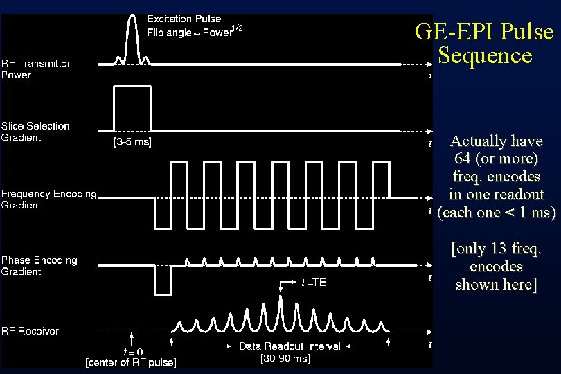 GE-EPI Pulse Sequence Actually have 64 (or more) freq. encodes in one readout (each