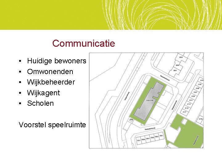 Communicatie • • • Huidige bewoners Omwonenden Wijkbeheerder Wijkagent Scholen Voorstel speelruimte 