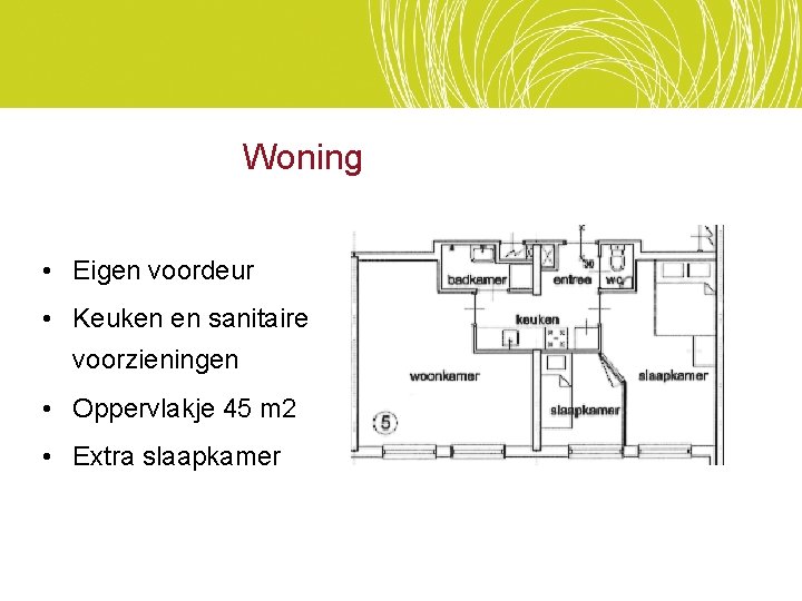 Woning • Eigen voordeur • Keuken en sanitaire voorzieningen • Oppervlakje 45 m 2