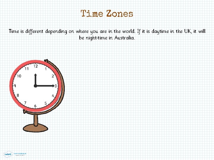 Time Zones Time is different depending on where you are in the world. If