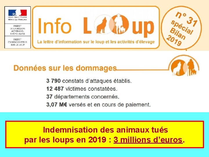  Indemnisation des animaux tués par les loups en 2019 : 3 millions d’euros.