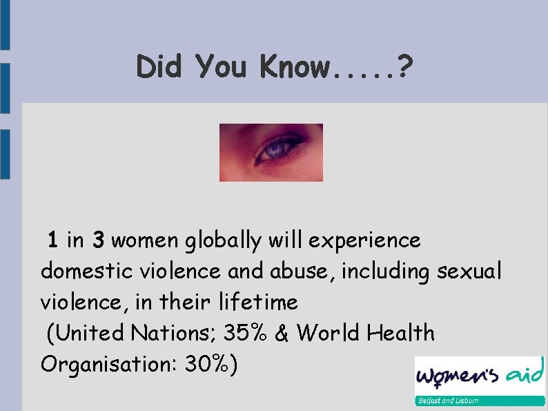 Did You Know. . . ? 1 in 3 women globally will experience domestic