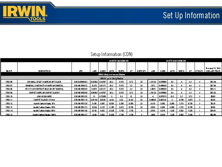 Set Up Information Setup Information (CDN) Item # DESCRIPTION UPC MASTER DIMENSIONS LBS CUBE