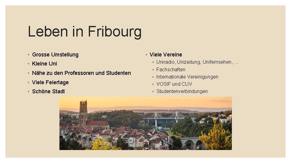 Leben in Fribourg ◦ Grosse Umstellung ◦ Kleine Uni ◦ Nähe zu den Professoren