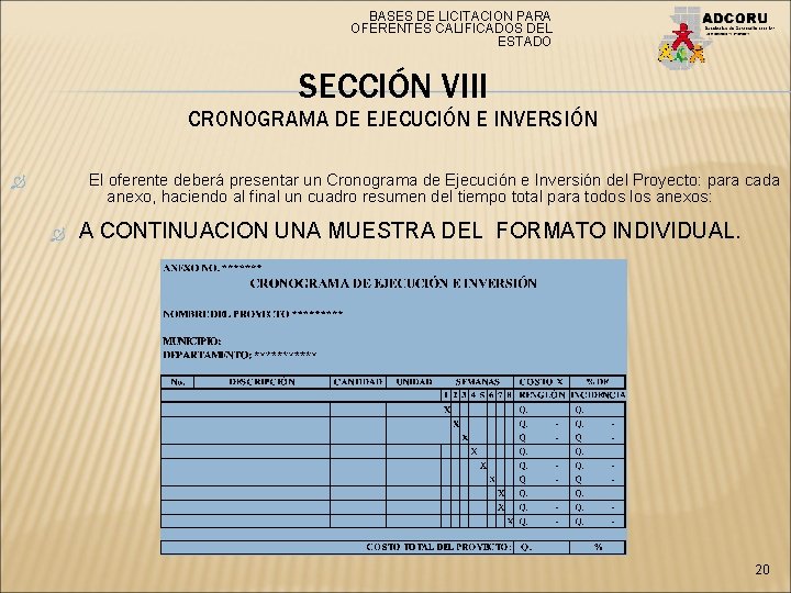 BASES DE LICITACION PARA OFERENTES CALIFICADOS DEL ESTADO SECCIÓN VIII CRONOGRAMA DE EJECUCIÓN E