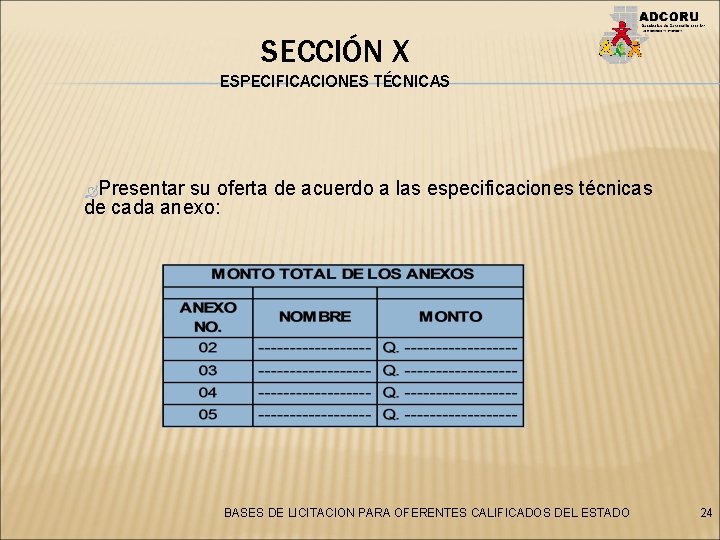 SECCIÓN X ESPECIFICACIONES TÉCNICAS Presentar su oferta de acuerdo a las especificaciones técnicas de