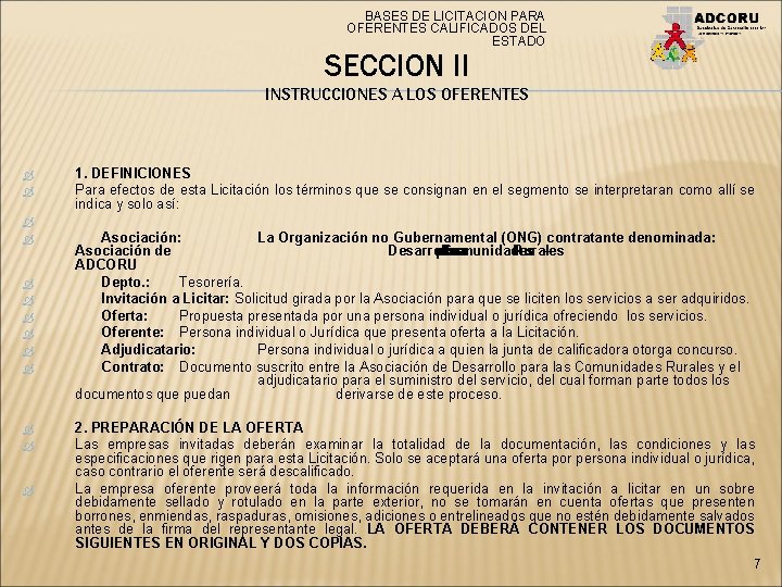 BASES DE LICITACION PARA OFERENTES CALIFICADOS DEL ESTADO SECCION II INSTRUCCIONES A LOS OFERENTES