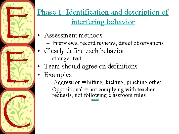Phase 1: Identification and description of interfering behavior • Assessment methods – Interviews, record