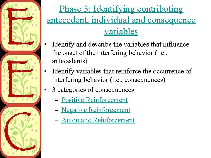 Phase 3: Identifying contributing antecedent, individual and consequence variables • Identify and describe the