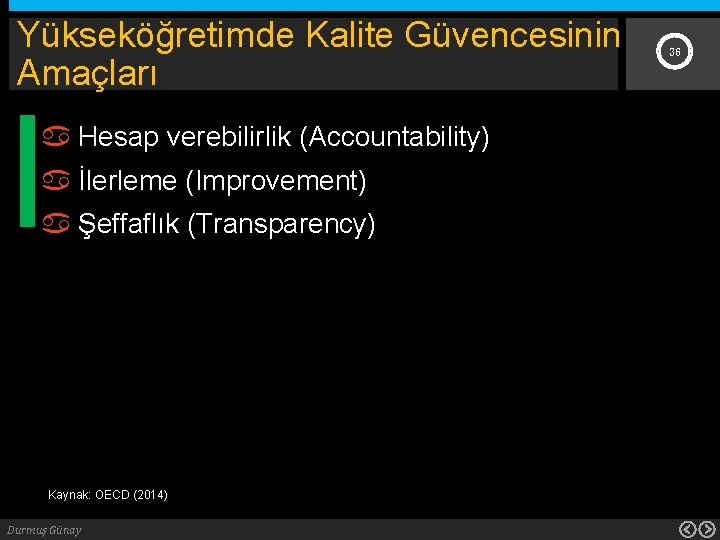 Yükseköğretimde Kalite Güvencesinin Amaçları Hesap verebilirlik (Accountability) İlerleme (Improvement) Şeffaflık (Transparency) Kaynak: OECD (2014)