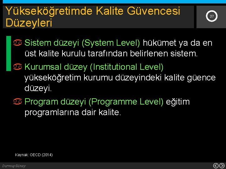 Yükseköğretimde Kalite Güvencesi Düzeyleri 37 Sistem düzeyi (System Level) hükümet ya da en üst