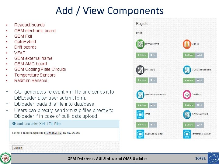 Add / View Components • • • Readout boards GEM electronic board GEM Foil