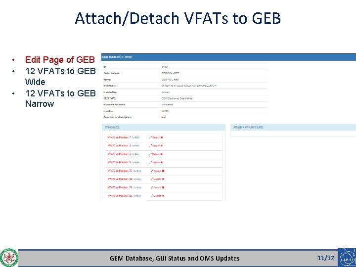 Attach/Detach VFATs to GEB • • • Edit Page of GEB 12 VFATs to