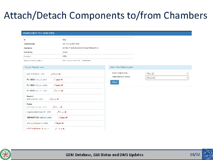 Attach/Detach Components to/from Chambers GEM Database, GUI Status and OMS Updates 14/32 