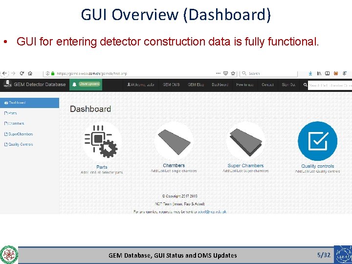 GUI Overview (Dashboard) • GUI for entering detector construction data is fully functional. GEM