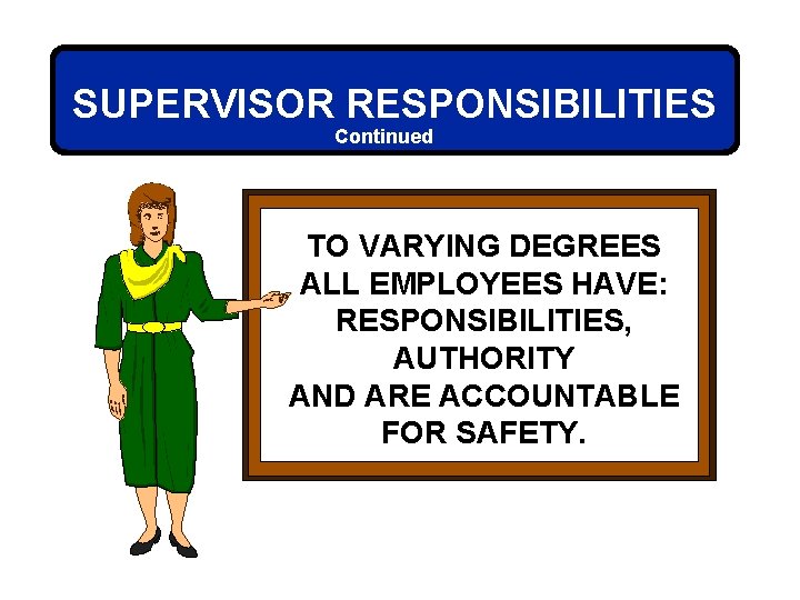 SUPERVISOR RESPONSIBILITIES Continued TO VARYING DEGREES ALL EMPLOYEES HAVE: RESPONSIBILITIES, AUTHORITY AND ARE ACCOUNTABLE