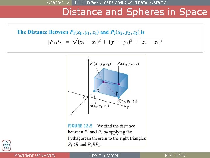 Chapter 12 12. 1 Three-Dimensional Coordinate Systems Distance and Spheres in Space President University